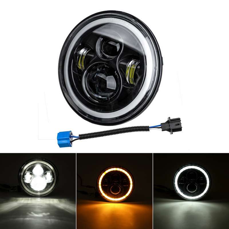 7'' 75W 6000K DRL Amber Halo Angle Eyes Projector LED Round Headlights Hi/Lo