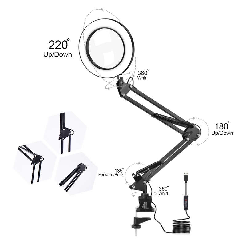 5X Illuminated Magnifier USB 3 Colors LED Magnifying Glass for Soldering Iron Repair/Table Lamp/Skin