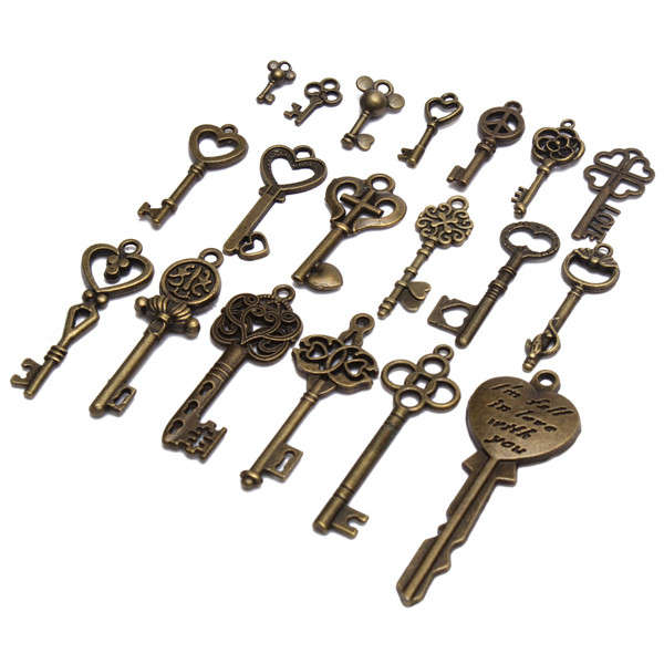 19pc Antique Vintage Old Look Skeleton Key Set Lot Pendant Heart Bow Lock Steampunk Jewel