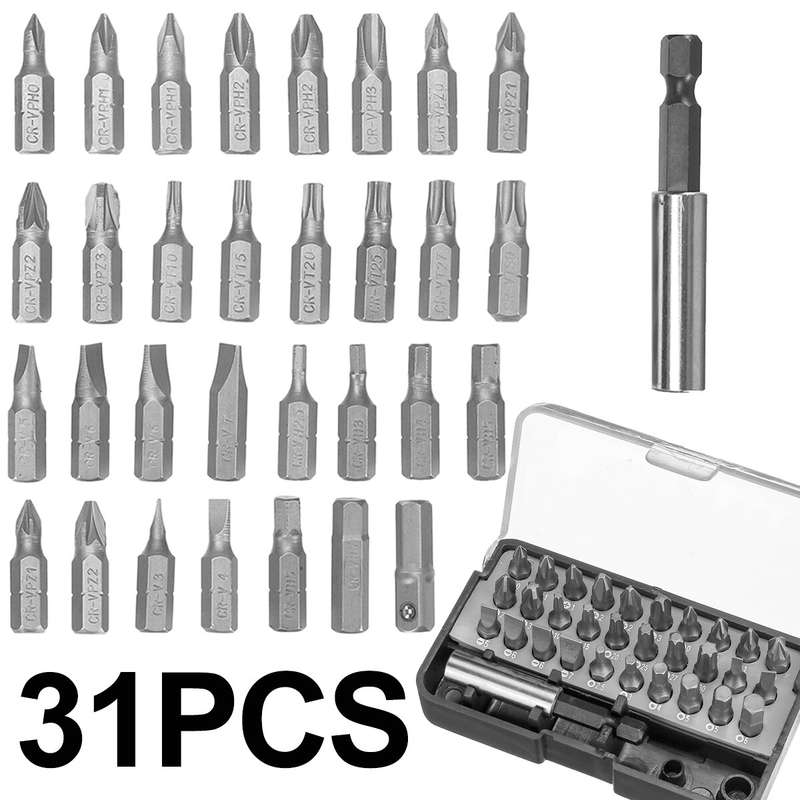 31PCS Drill Bits Set with PH PZ SL H T Sizes and 60mm Extension Rod in Plastic Case Versatile Heavy-