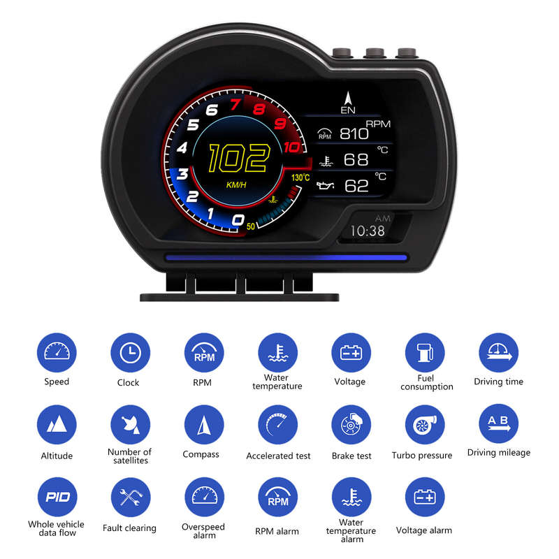 Car Head-Up Display OBD2+GPS Smart Car HUD Gauge Digital Odometer Security Alarm Water Temperature A