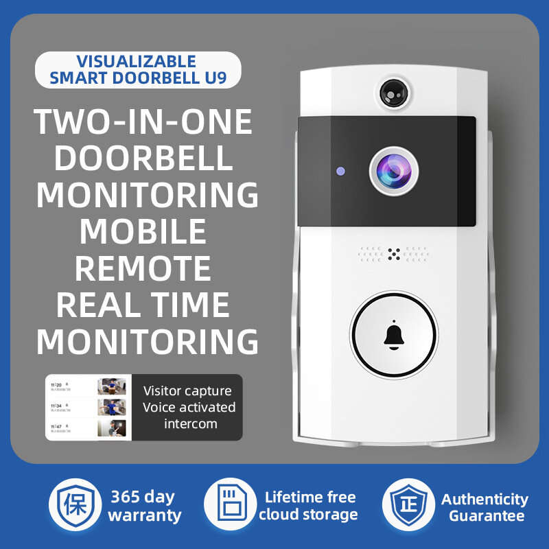 U9 Intelligent Visual Doorbell with Night Vision 720P HD Camera Two-Way Audio Solar-Powered Rainproo