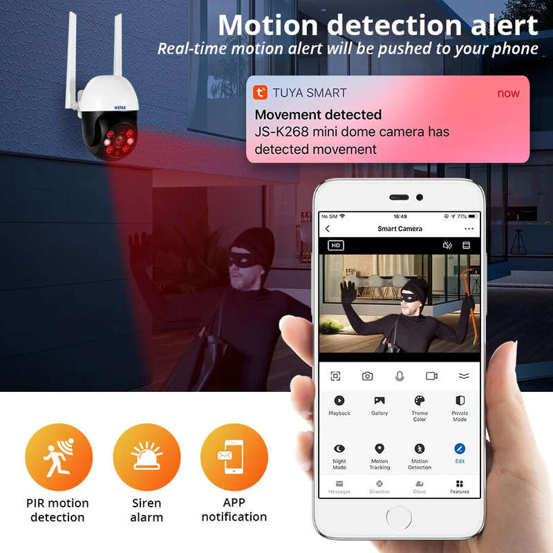 KERUI K268 Tuya 3MP PTZ WiFi IP Wireless Camera Smart Outdoor Home Security 4X Digital Zoom Dome Cam