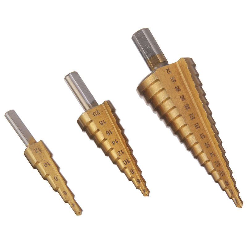 6PCs HSS Step Drill Bit Sets Straight Titanium Coated Cone Hole Cutter Automatic Center Punch Spiral