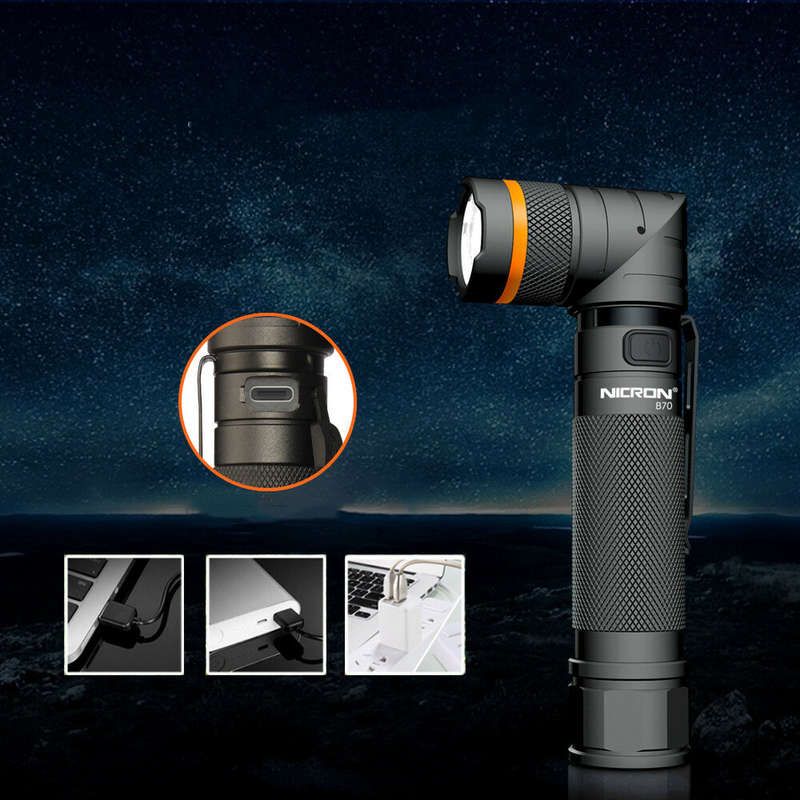 Nicron B70 1200LM 90 Degree Rechargeable LED Flashlight Black Headlamp Magnet Clip Handfree Ultra Br