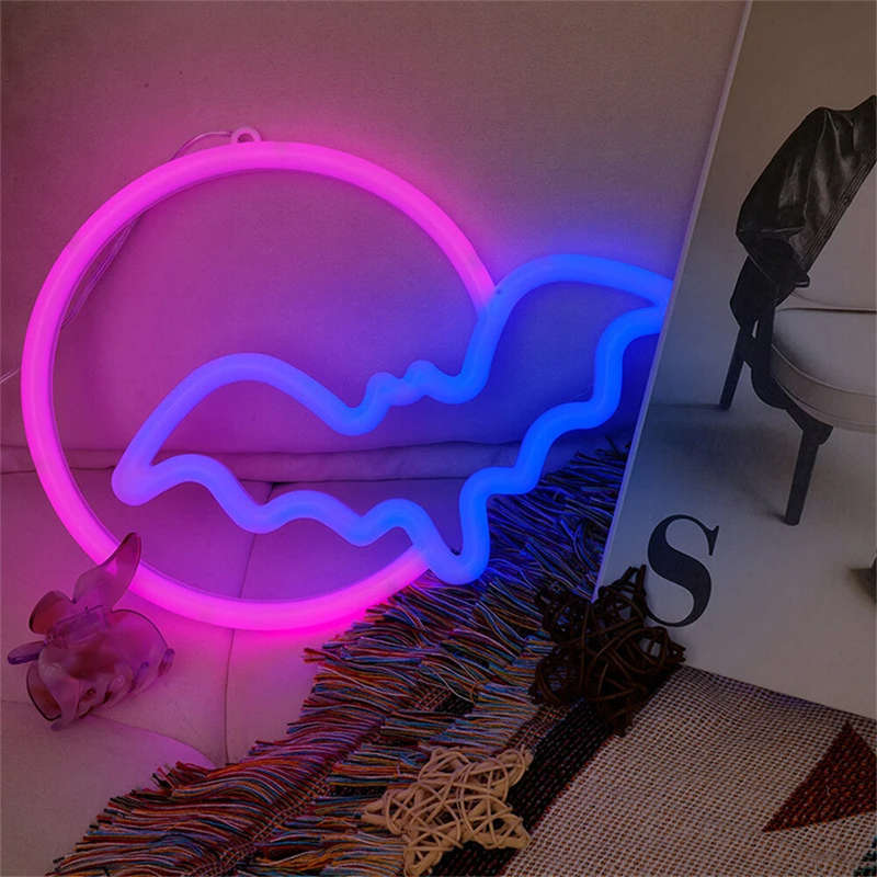 Halloween Bat Moon Neon Sign LED Light USB or Battery Powered IP42 Waterproof Festive Wall and Table