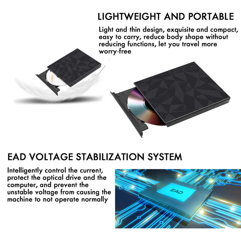 Mechzone Portable USB3.0 Type-C Optical Drives Black Tray Type External DVD-RW Max.24X High-speed Da
