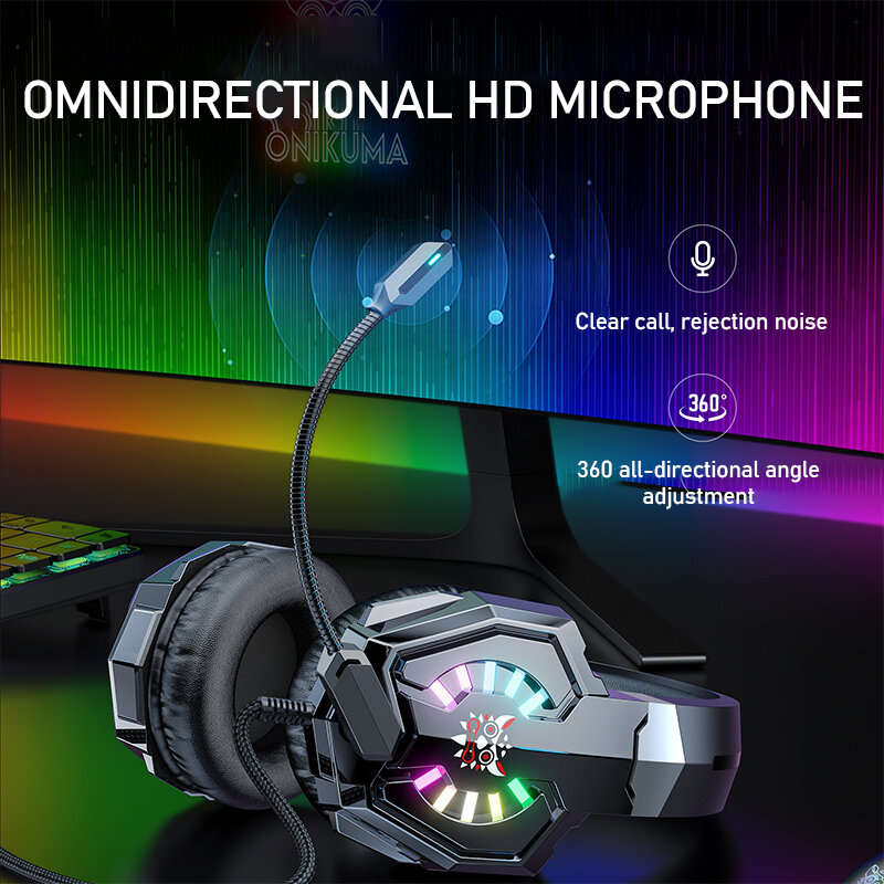 ONIKUMA X32 Gaming Headset Wired Headphone 50mm Drive Unit Stereo Surround Sound RGB Light HD Flexib