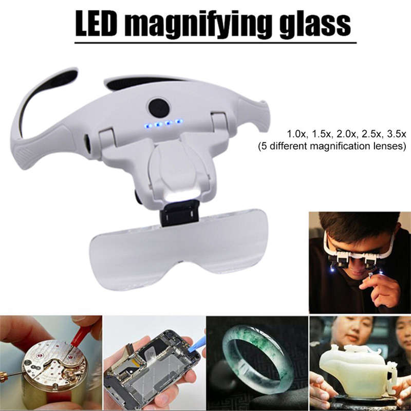 300mah Professional Magnifying Glasses with 5 Lens 1X-3.5X 4 LED Headband Magnifier Lamp USB Chargin