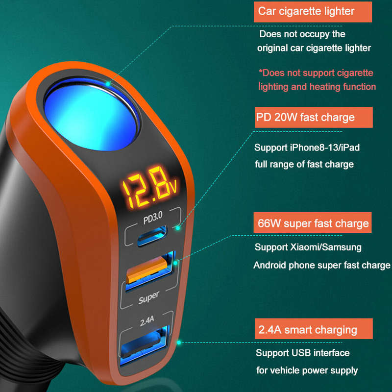 OZIO 12/24V Car Lighter Charger Universal Fast Charging 66W QC3.0 USB PD20W Type-C Power Supply Sock
