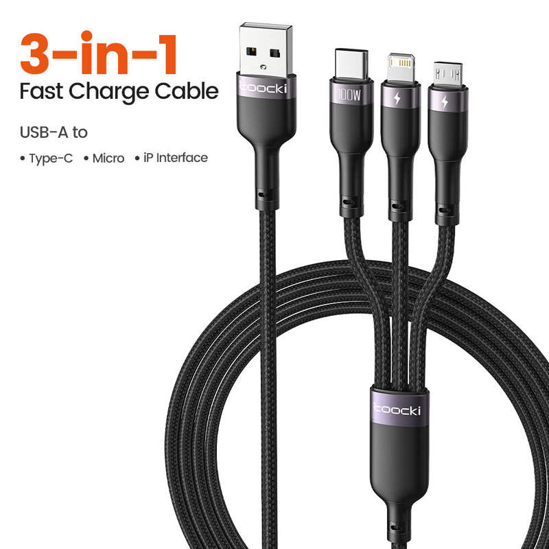 Toocki TQ-X61 6A 100W USB-A to iP/Micro/Type-C Cable Fast Charging Data Transmission Copper Core Lin