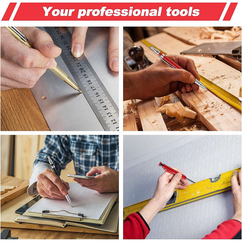Carpenter Pencil Set with Deep Hole Marker Built-in Sharpener and Carbide Scribe Marking Tool for Wo