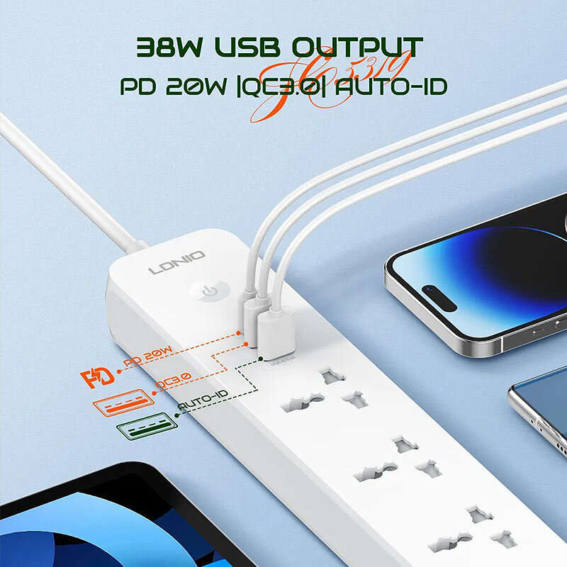 LDNIO SC5319 2500W Power Strip 5AC+2A+1C Universal Electronic Socket Adapter with 2M Extension Cord