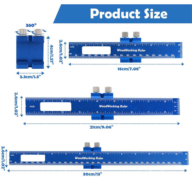 3PCS Woodworking Ruler-Aluminum Pocket Rulers with Slide Stop Woodworking T-Type Scribing Rule Marki