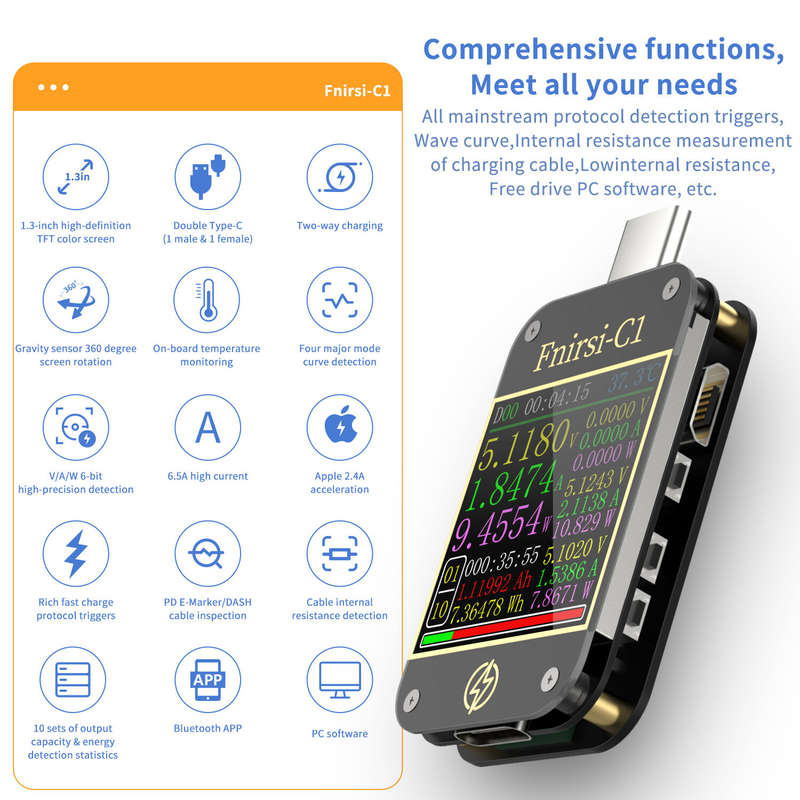 FNIRSI-C1 Type-C PD Trigger USB-C Voltmeter Ammeter Fast Charging Protocol Test Type-C Meter Power B