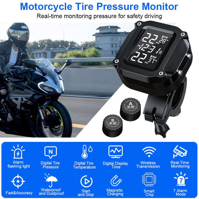 Extractme Wireless TPMS Motorcycle Tyre Temperature Alarm Sensor USB Charging LCD Display Tire Press