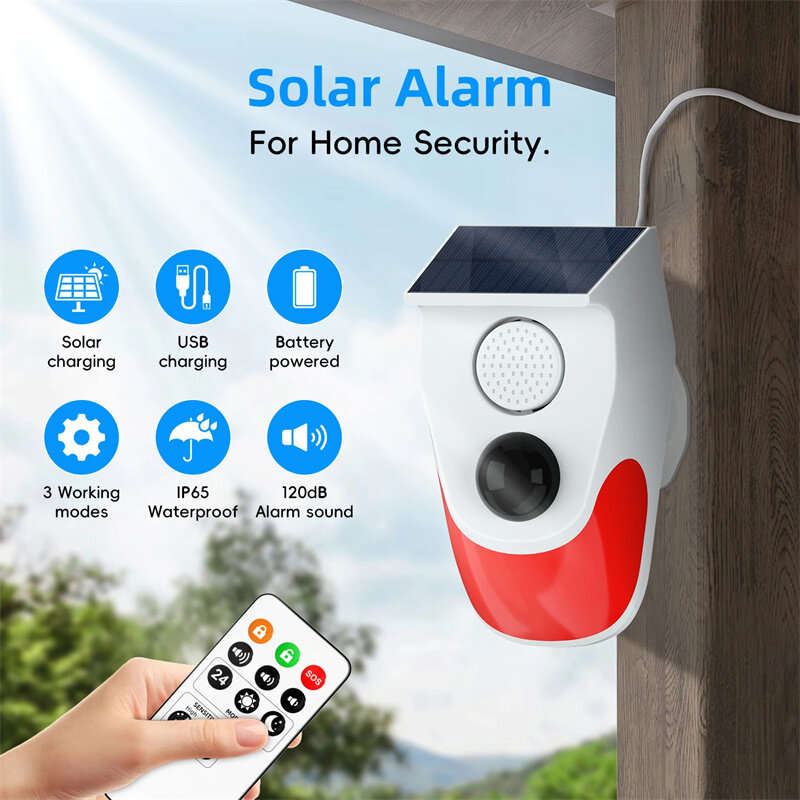 Outdoor Solar Sound Light Alarm Motion Sensor 1000mAh Battery 120 Decibels Siren Sound Alert Flash S