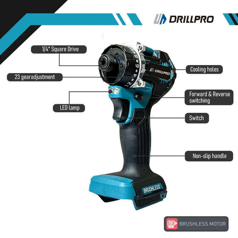 Drillpro 20+1 Brushless Electric Screwdriver 1000W Torque with Dual Speed Capabilities Compatible wi