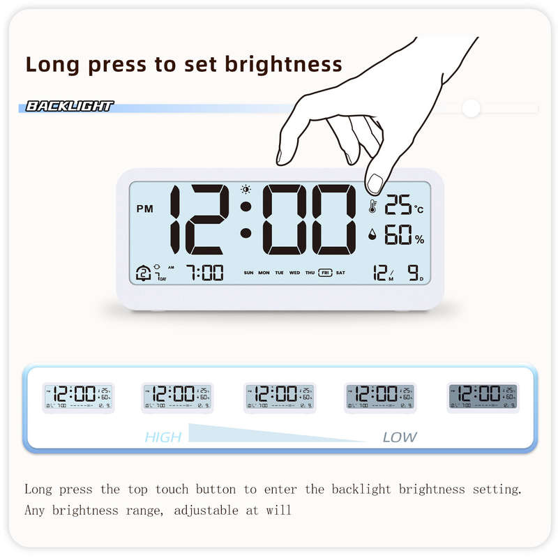 LCD Smart Digital Alarm Clock with Large Display Thermometer Hygrometer Anti-Slip Bottom with Night