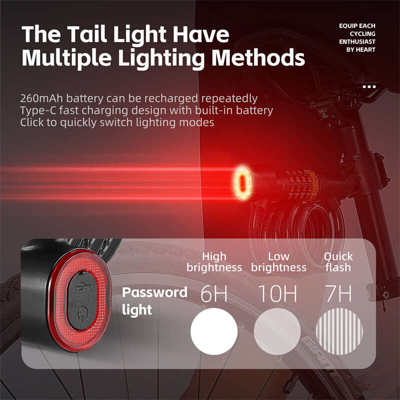 XANES Bicycle Steel Cable Lock 5 Digit Password High Security with Taillight Thicken Anti-Theft Safe