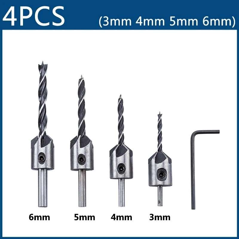 4pcs 3mm-6mm HSS Countersink Drill Bit Set Reamer Woodworking Chamfer Drill Counterbore Pliot Hole C