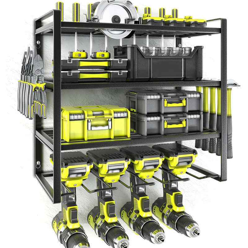 4 Layers Heavy Duty Iron Tool Storage Rack Wall Mount Organizer Battery Charging Station Drill Slots