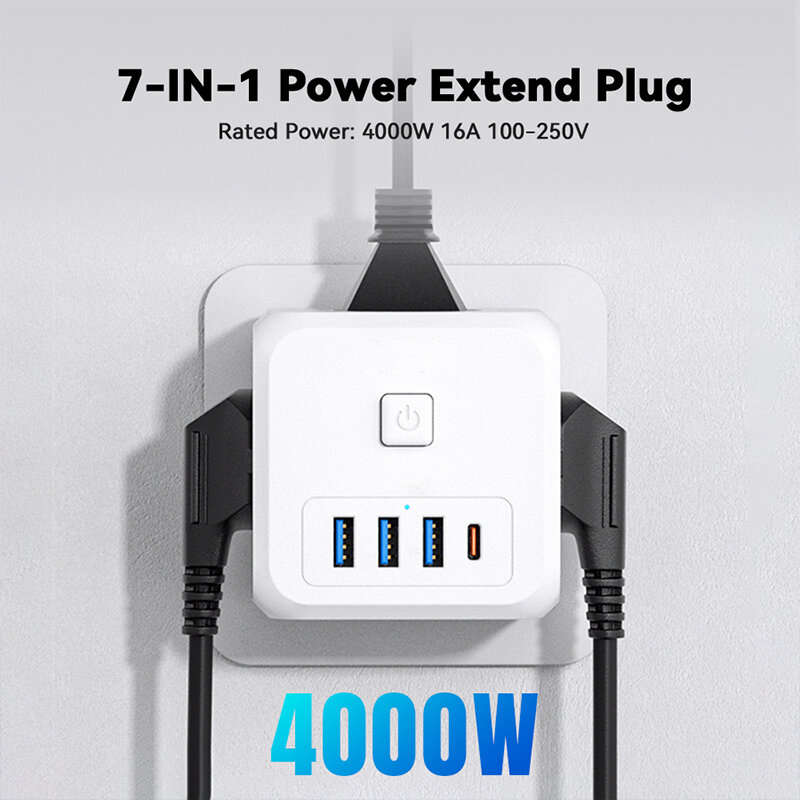 Essager 4000W 7-Port Power Strip with 3 AC Outlets+3 USB-A+USB-C Fast Charging Wall Charger Adapter