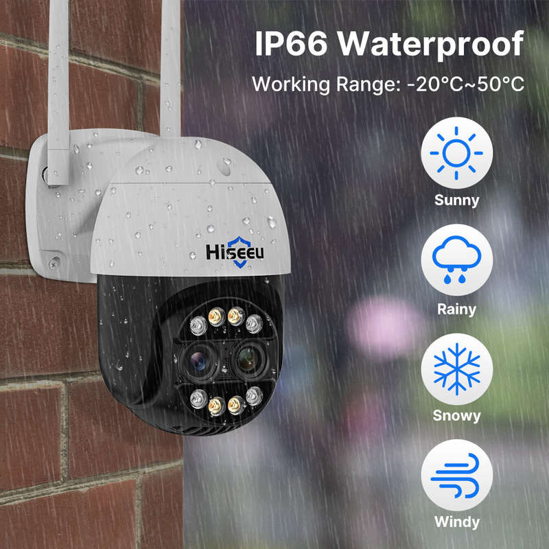 Hiseeu 4MP+4MP Dual Lens Wifi PTZ IP Camera 2.8+12mm 8X Zoom CCTV Video Surveillance Camera Color Ni