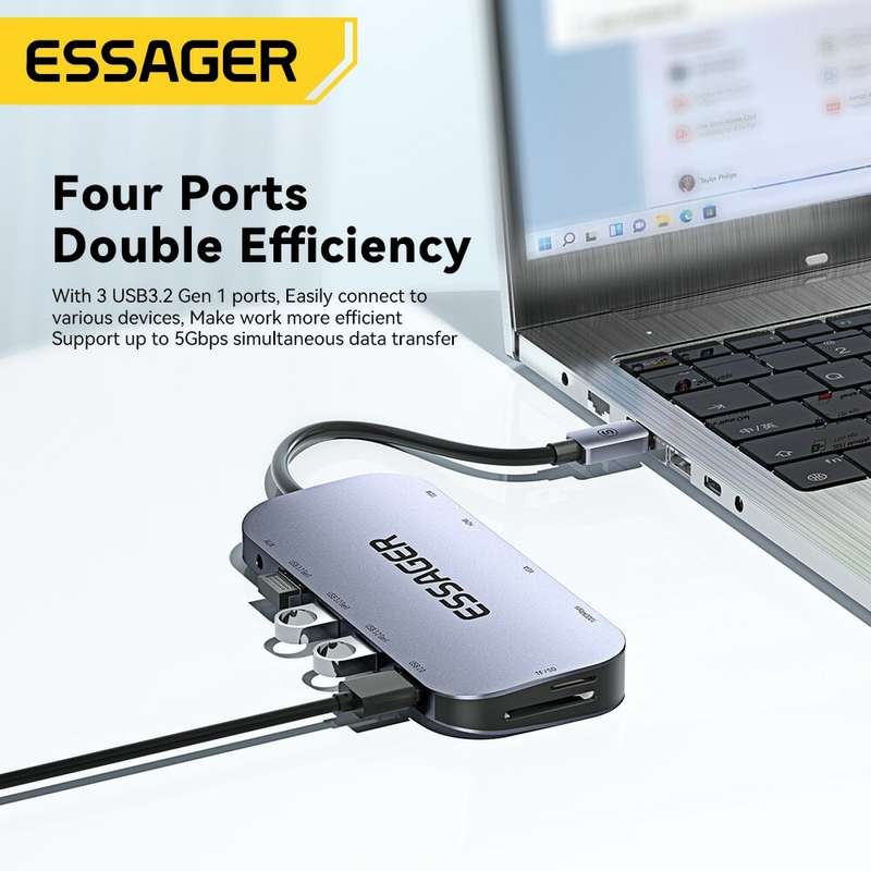 Essager 11 in 1 Type-C Docking Station 3*USB 3.2 Gen1 5Gbps HDMI 4K@30HZ VGA RJ45 1000Mbps PD Charge