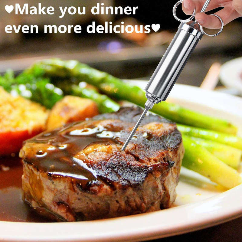 304 Meat Injector Stainless Steel BBQ Meat Injector Marinade Syringe 60ml with 3 Needles Kitchen Bee