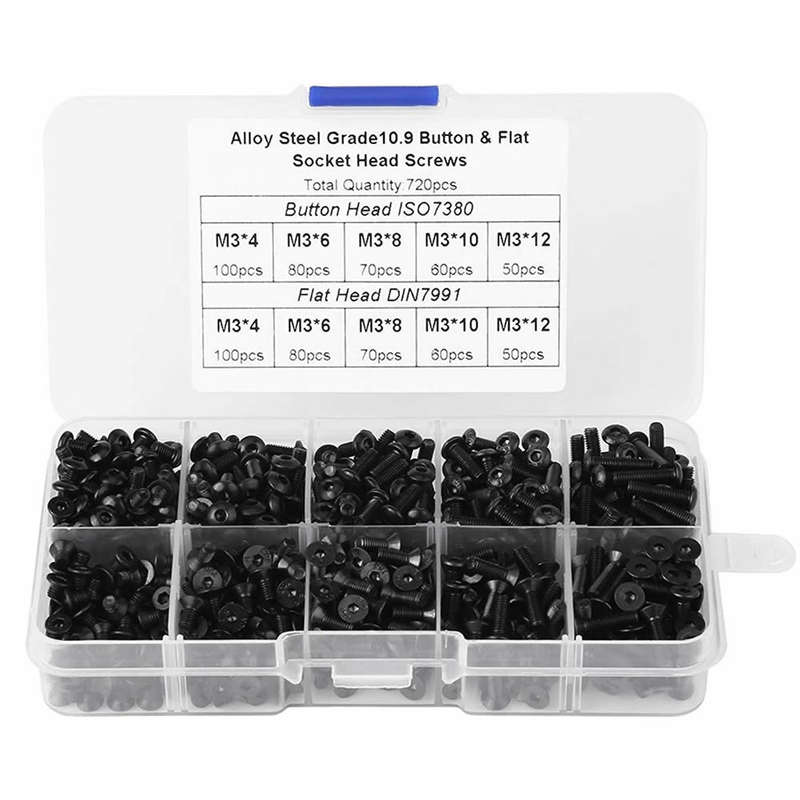720pcs M3 Carbon Steel Black Round Head Screw Countersunk Head Flat Head Bolt Set Hex Hexagon Socket