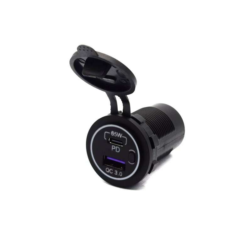 Dual USB QC3.0 Fast Charging + PD Port 65W High Power 2 Ports Car Charger with Blue LED Light for iP