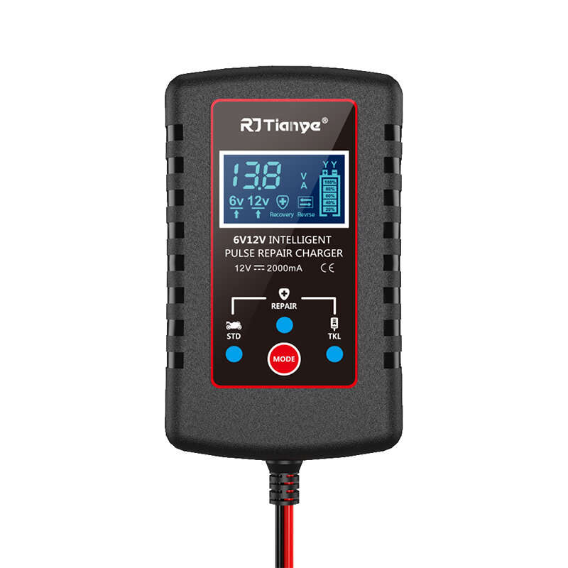RJtianye Smart Automatic Motorcycle Battery Charger with 2m Clamp for 6V-12V 2Ah-20Ah Lead-Acid Batt