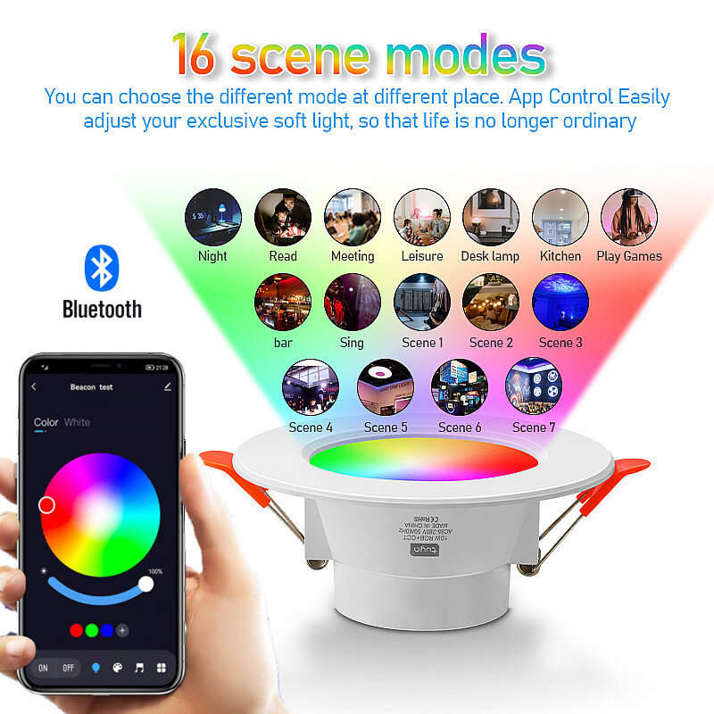 10W LED Smart Downlight RGB+CCT 16 Million Colors 2700K~6500K 800 Lumens Works With Alexa Voice Tuya