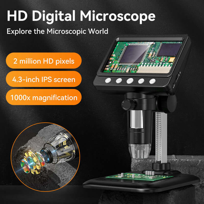 Digital Microscope 4.3inch Screen 50-1000X Magnification 2MP Resolution Long-Lasting 2000mAh Battery
