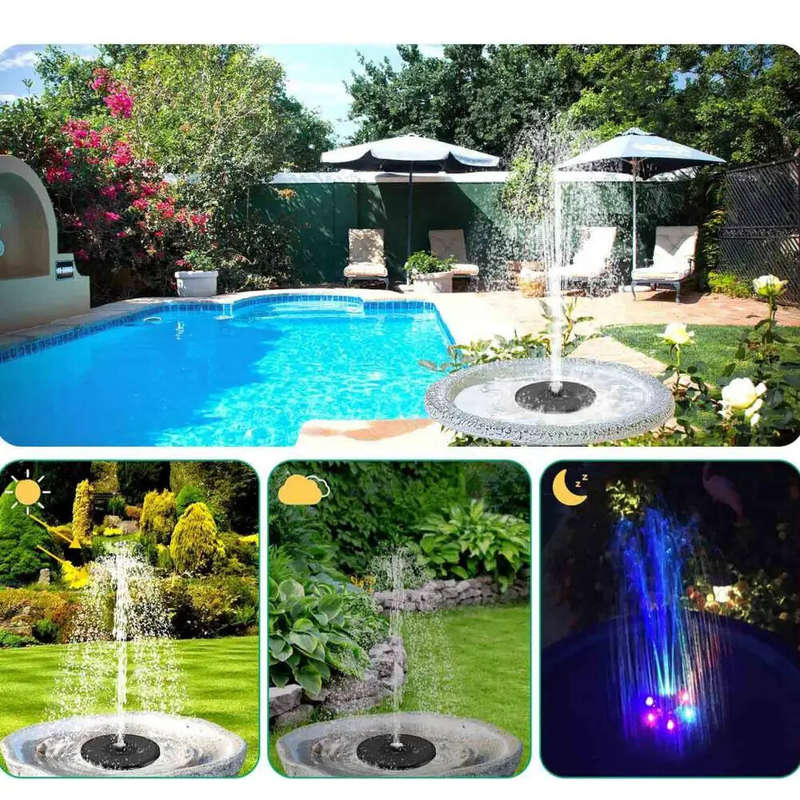 16cm Solar Floating Fountain with Lights 3W LED Solar Bird Bath Light Sensor with 6 Nozzles Auto On