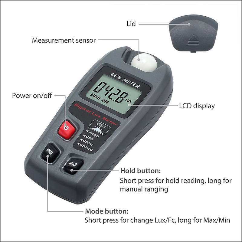 RZ Digital Lux Meter 200,000 Lux Digital LCD Pocket Light Meter Lux/FC Measure Tester illuminometer