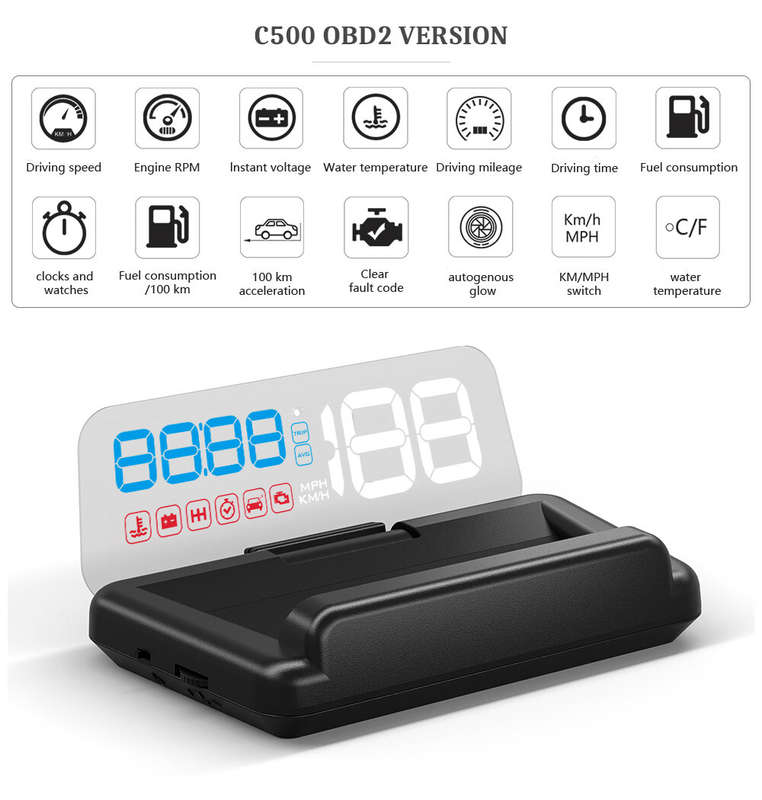 GEYIREN C500 Auto OBD2 HUD Head-Up Display EOBD Windshield Car Speedometer Projector Digital For All
