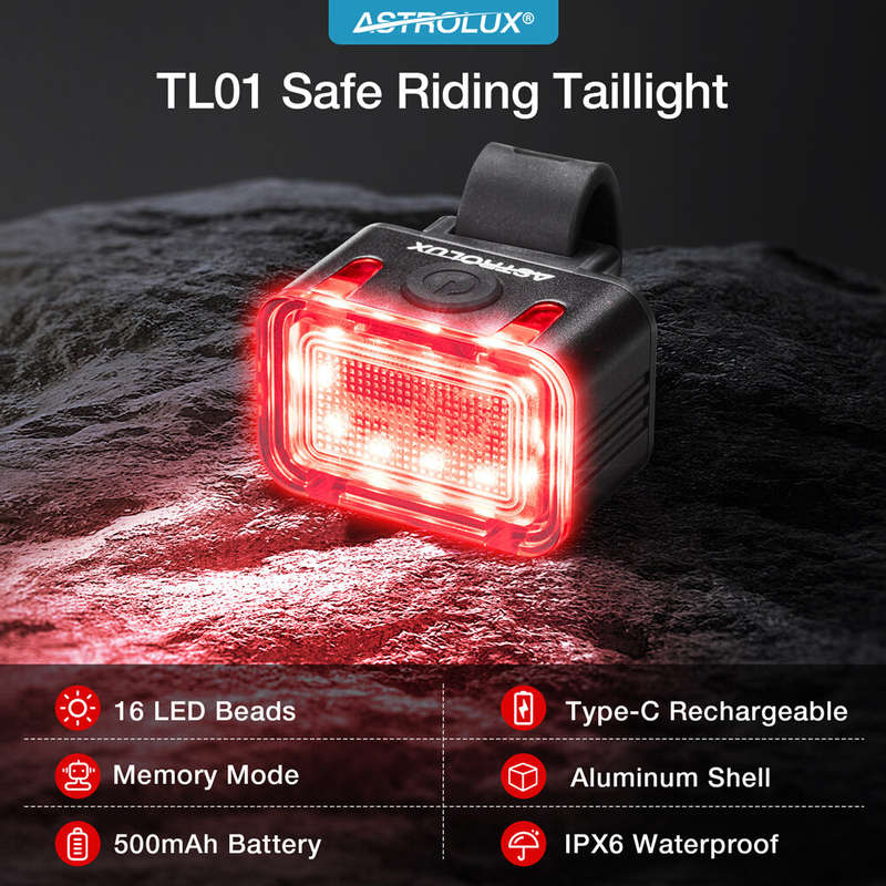 Astrolux TL01 Bike Taillight 500mAh Battery 6 Light Modes USB-C Rechargeable IPX6 Waterproof Wear-re