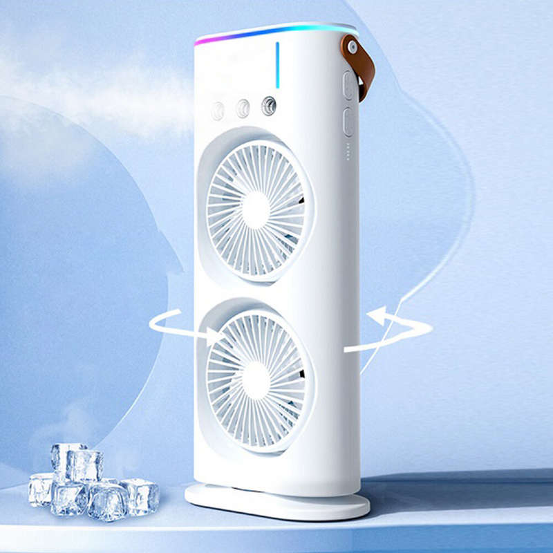 Smart Dual Fan Mist Cooler with Full Rotation and USB Rechargeable Multiple Speed Settings Ideal for