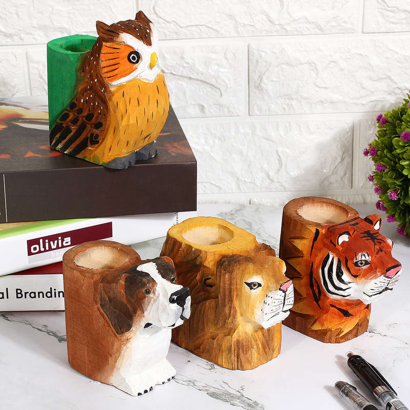 Animal Types Pen Holder Creative Hand Carved Wooden Pen Holder Lion Tiger Owl Dog Pattern Pen Organi