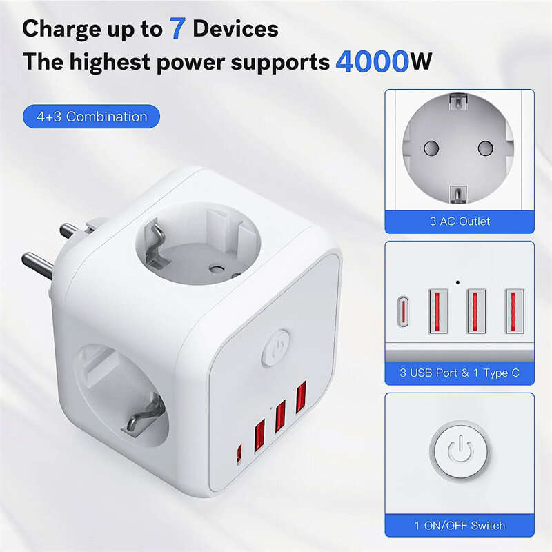 Bakeey 7-in-1 Socket Cube EU Power Outlet with 3AC 3USB Type-C Fast Charging Wall Socket with On/Off