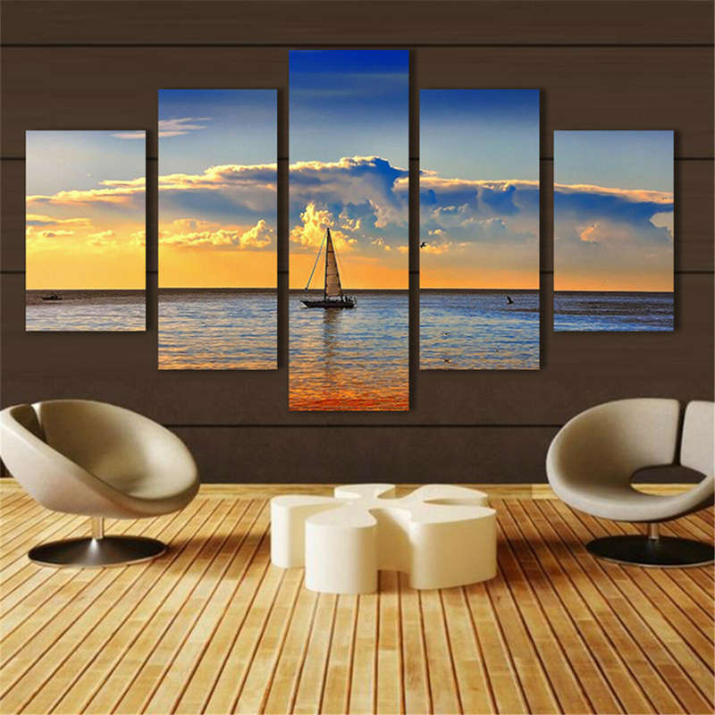 5Pcs Sunset Sailing Boat Canvas Print Paintings Wall Decorative Print Art Pictures Frameless Wall Ha