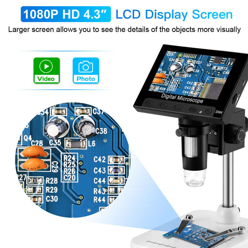 DM4-Z01B019 Digital Microscope 1000X 4.3" Display 8 LED Magnifying Loupe Camera Lens 2MP Adjustable