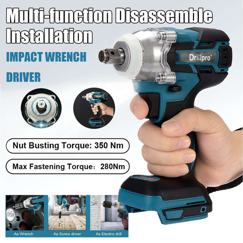 Drillpro 18V 0-3200RPM Cordless Impact Wrench Driver Brushless Motor With LED Light Electric Wrench