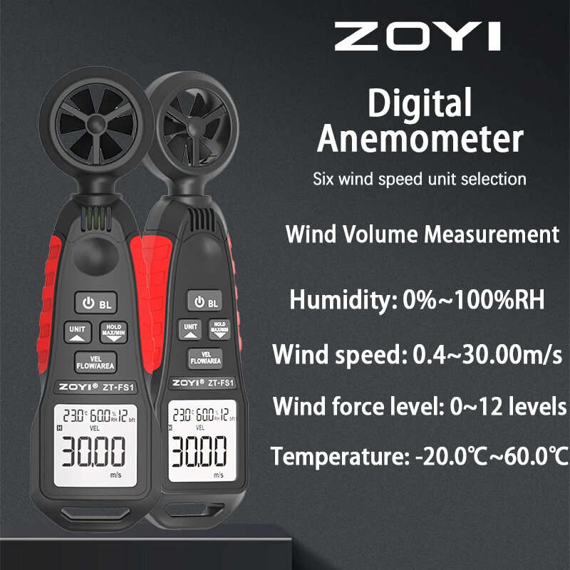 ZOYI ZT-FS1 High Precision Anemometer Wind Speed, Temperature and Humidity Measurement 0.4 - 30.00m/