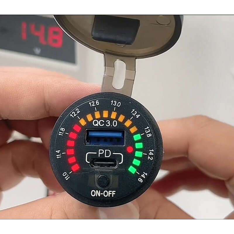 12-24V Dual USB Car Charger Socket PD+QC3.0 With Colorful Voltmeter ON/OFF Switch for Bus Trailer Bo