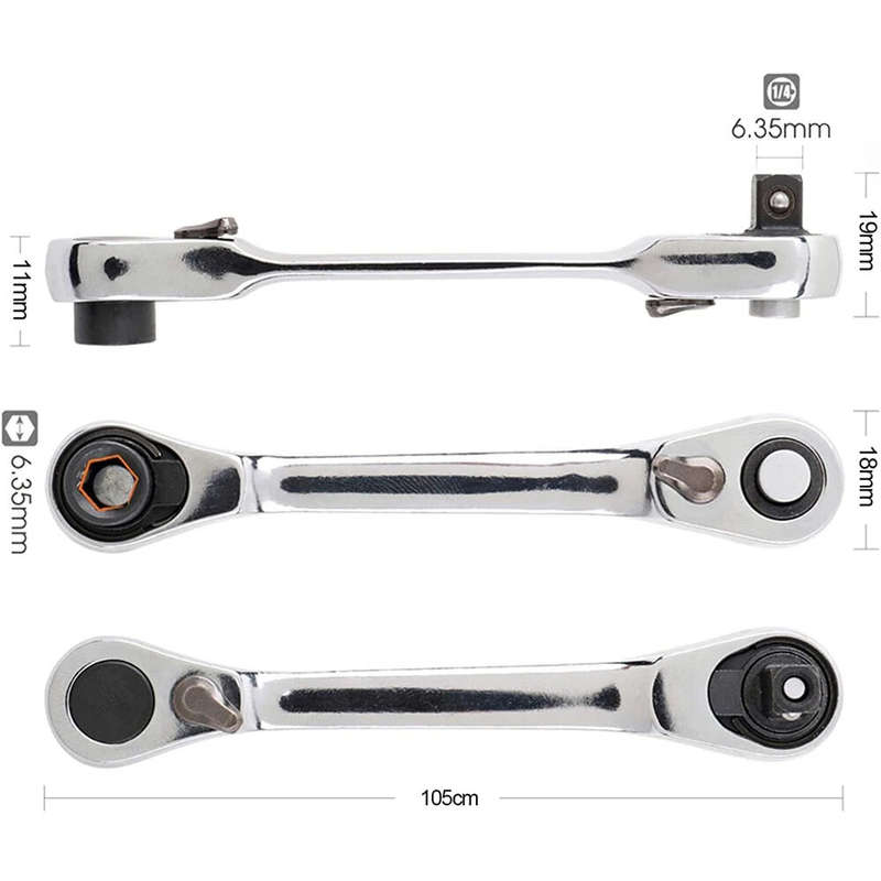 2-in-1 Mini Socket Ratchet Wrench 72-Tooth Dual-Head Design Chrome-Plated Accepts 1/4" Hex Bits Magn