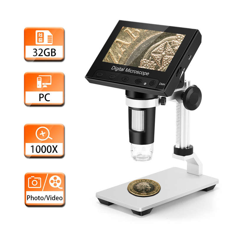 DM4 1000X Digital Microscope 4.3" HD LCD with 32GB Card Metal Bracket Magnifying Loupe Camera Lens 2