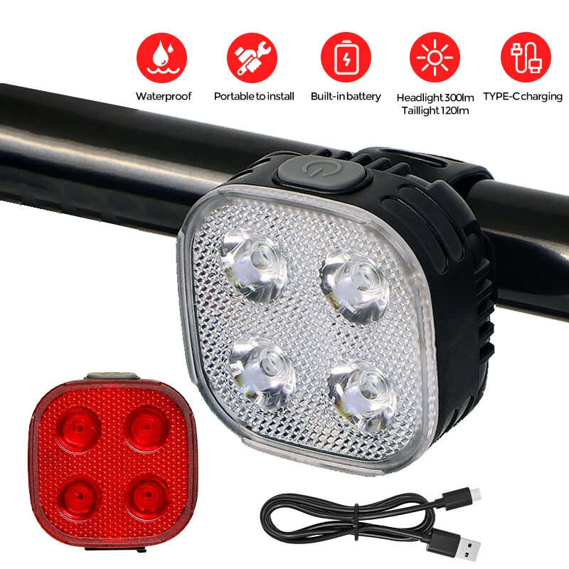 BENGGUO Smart Bike Light Set 300 lm Headlight with 120 lm Tailight Four Gear Light Modes Switch Wate